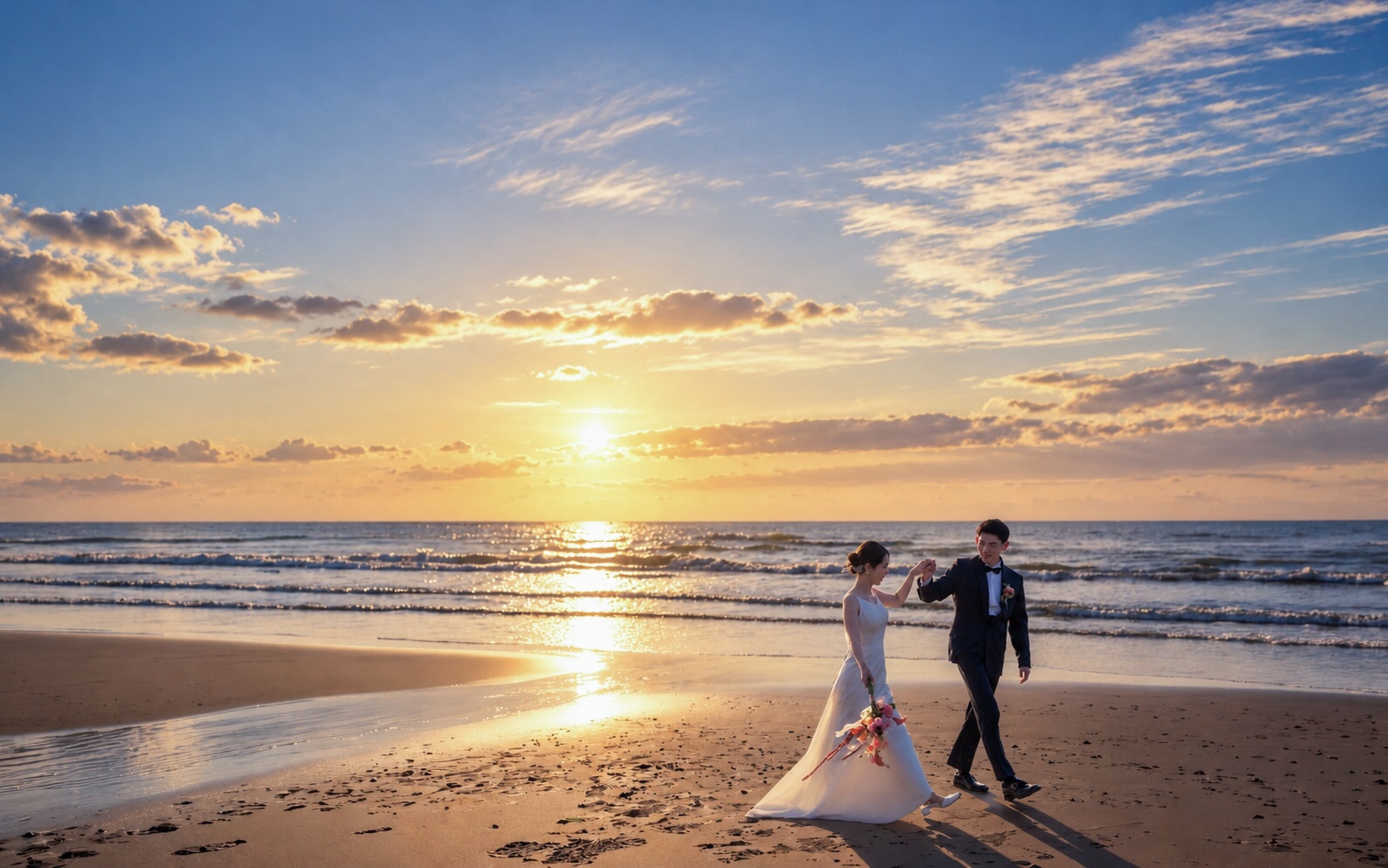 夕日の海辺で手を取り合う新郎新婦